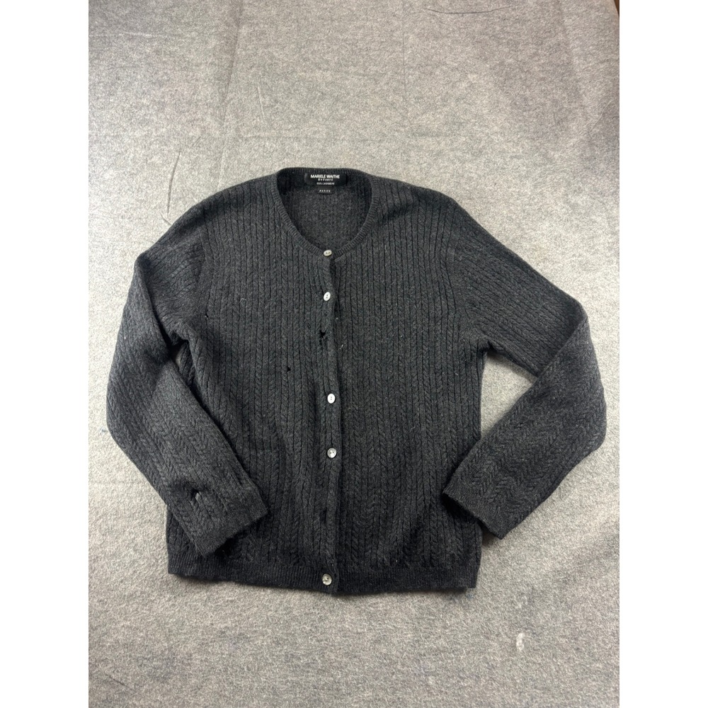 Mariele Waithe by Forte 100% Cashmere Cable Knit Cardigan Sweater Gray SEE